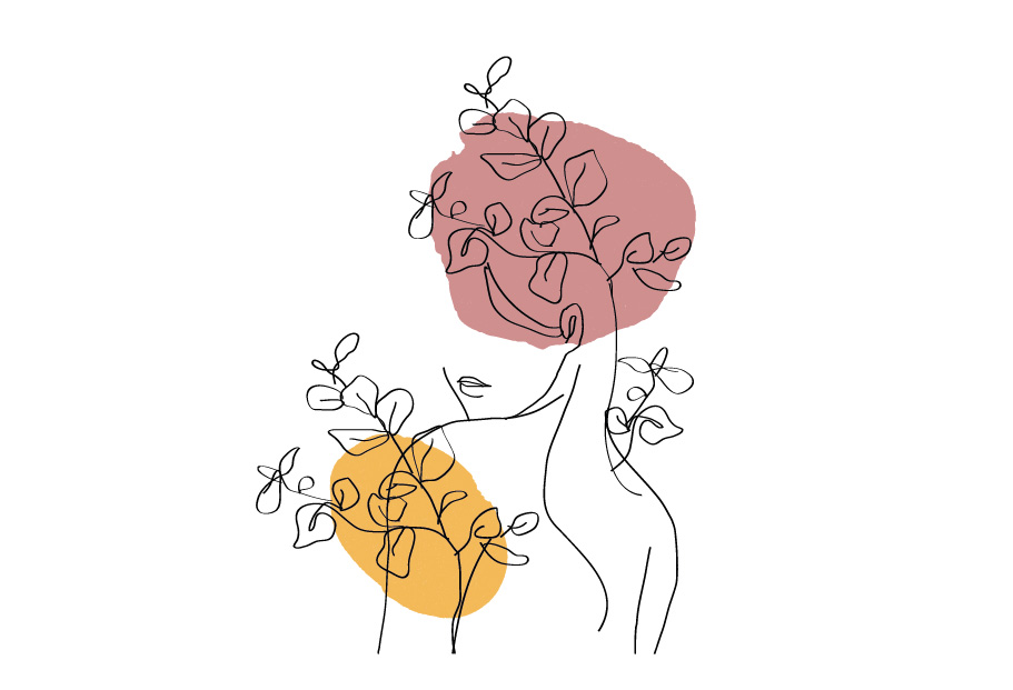 Illustration minimaliste d’un visage au trait continu avec formes organiques colorées et mots manuscrits, symbolisant personnalité et sensibilité.