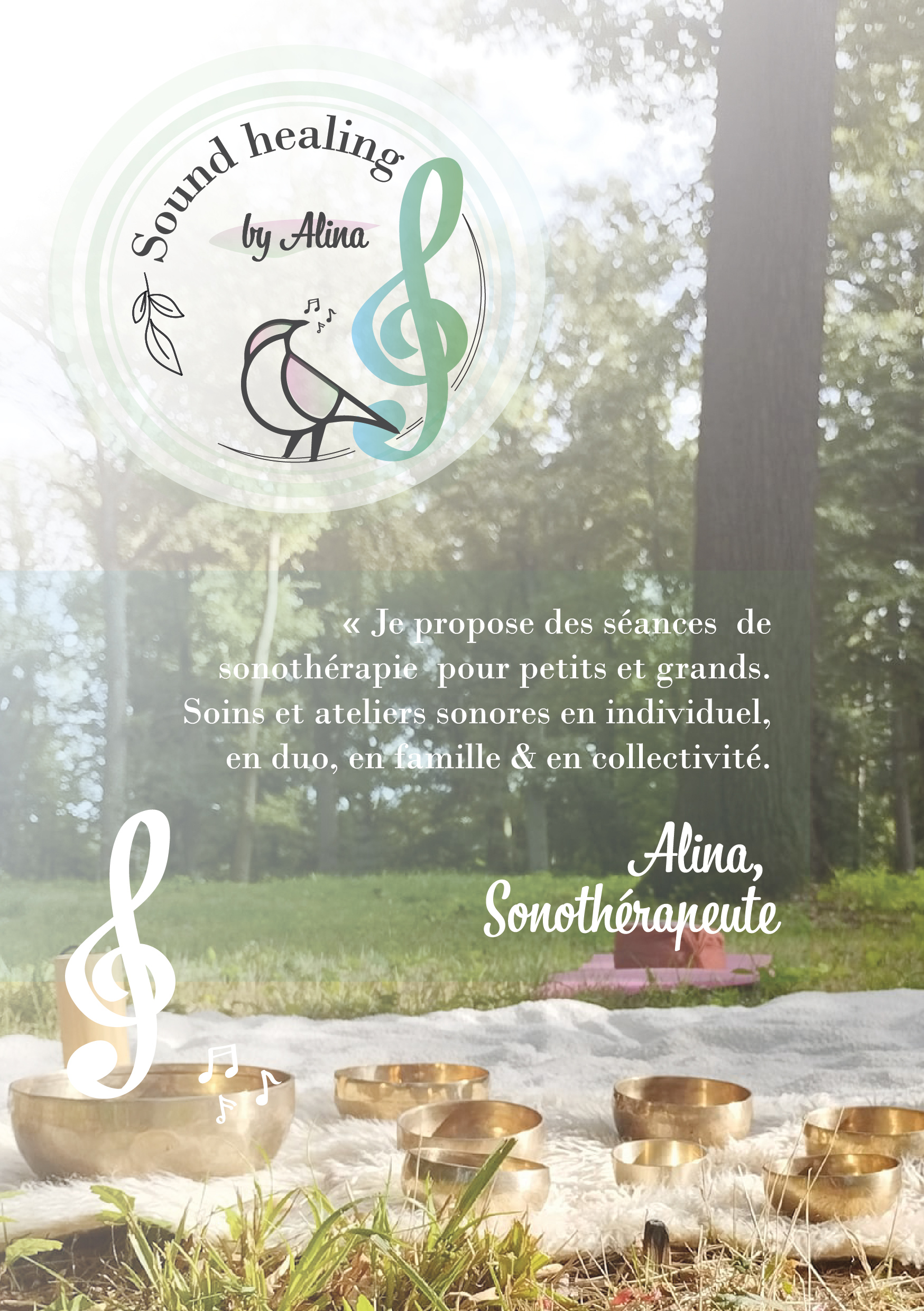 Recto du flyer A5 pour Sound Healing by Alina, soins sonores en nature