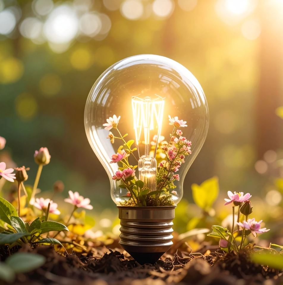 Ampoule allumée posée parmi des fleurs au soleil, symbole d’idées qui prennent vie.