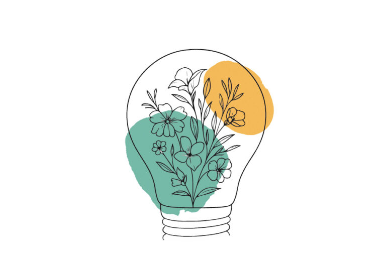 Ampoule illustrée avec végétaux stylisés, symbolisant idées créatives et nature.