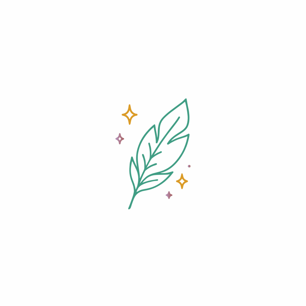 Pictogramme Émergence pour le service création de contenus, représentant une feuille stylisée entourée d’étoiles