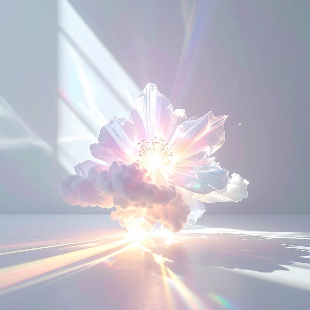 Nuage lumineux irradiant des rayons pastel, symbole de création et d’éveil d’identité visuelle.