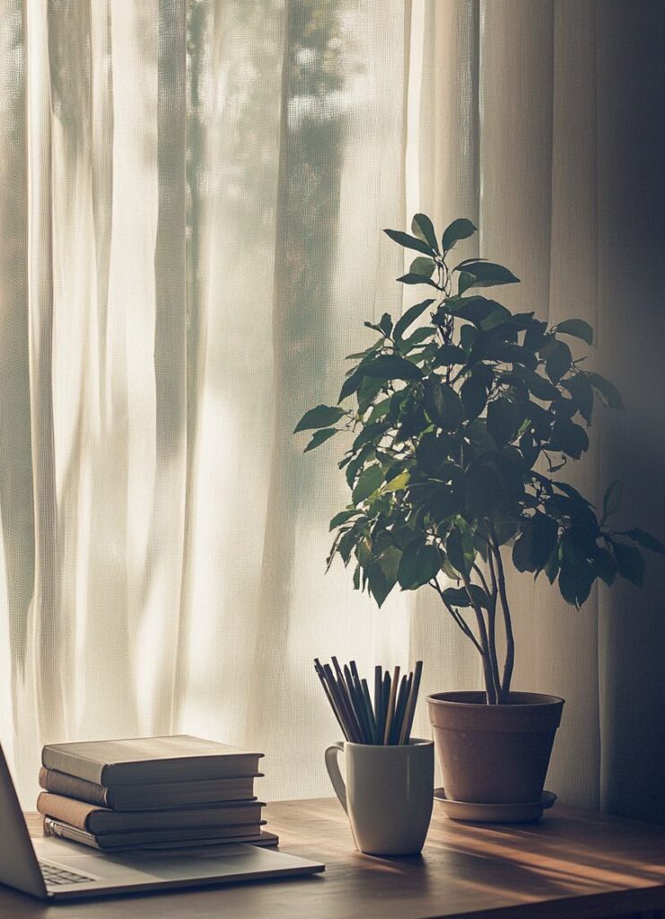 Plante en pot et livres près d’une fenêtre, lumière douce évoquant une identité visuelle apaisée et soignée.