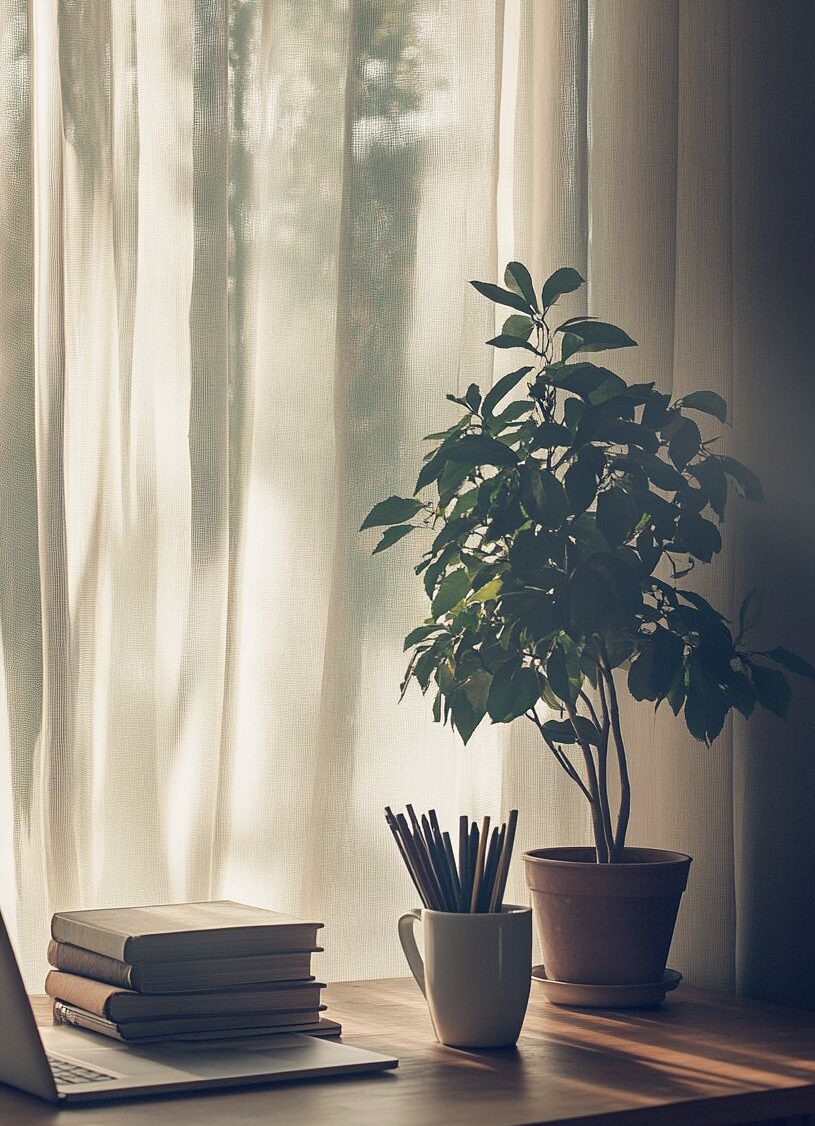 Plante en pot et livres près d’une fenêtre, lumière douce évoquant une identité visuelle apaisée et soignée.