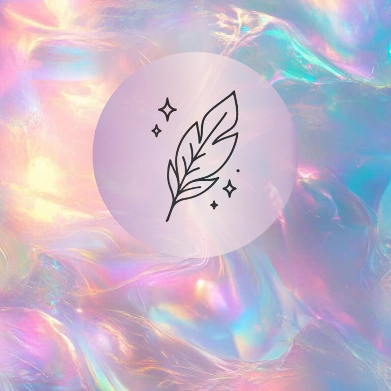 Plume et étoiles dans un cercle sur fond pastel, symbole de contenus clairs et inspirés.