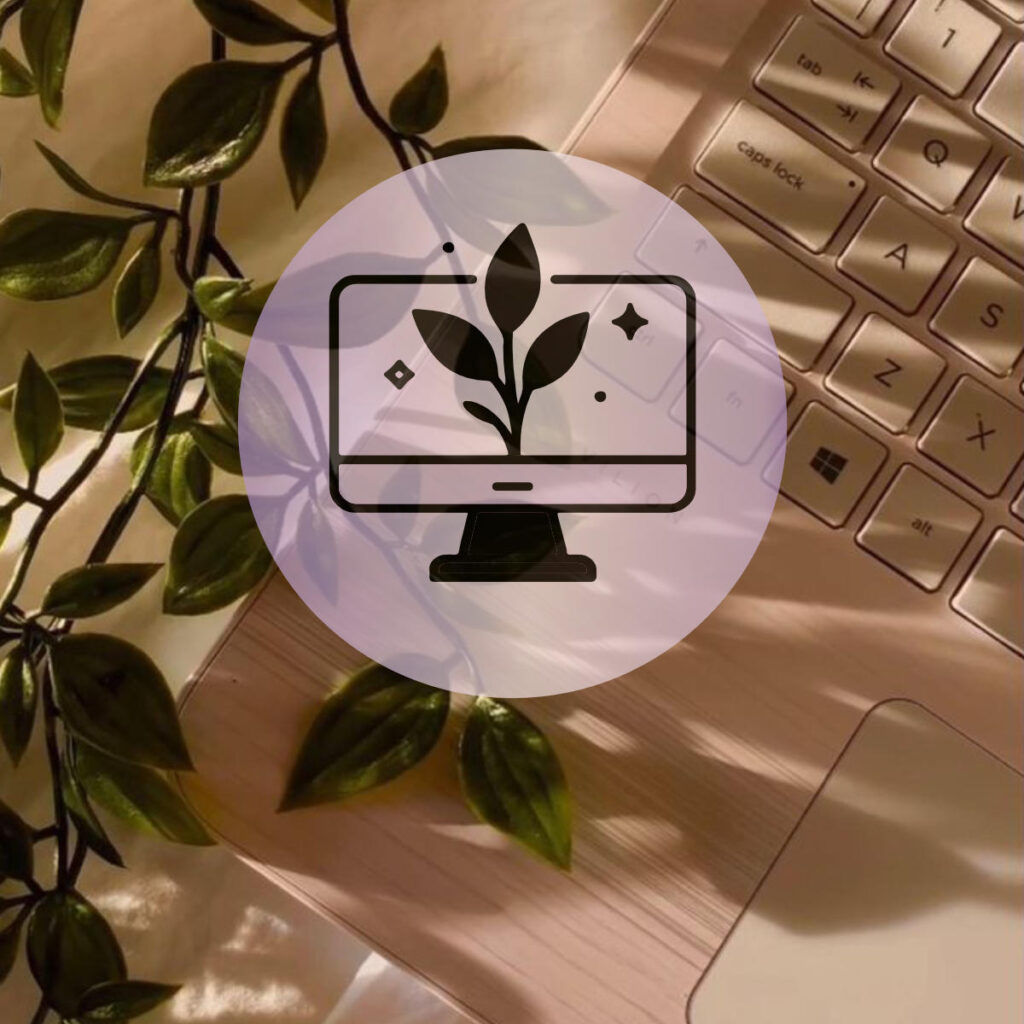 Pictogramme d’un écran avec jeune pousse sur fond de feuilles et lumière, symbole de création de sites web.