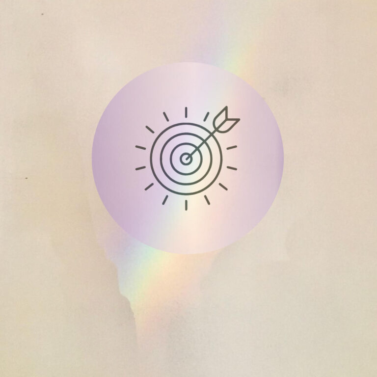 Pictogramme cible dans un cercle mauve avec prisme arc-en-ciel, symbole de cap et de stratégie.