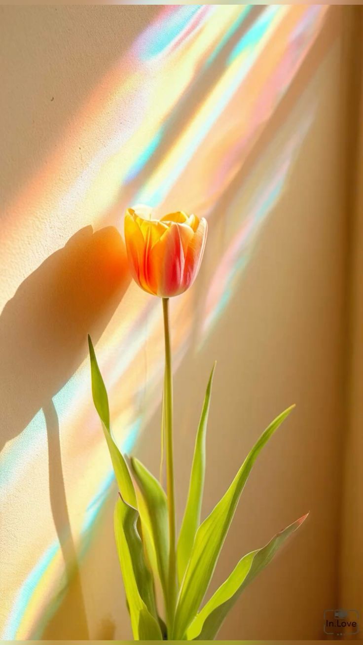 Tulipe orange dans un vase, traversée par un prisme arc-en-ciel sur mur beige, lumière douce.