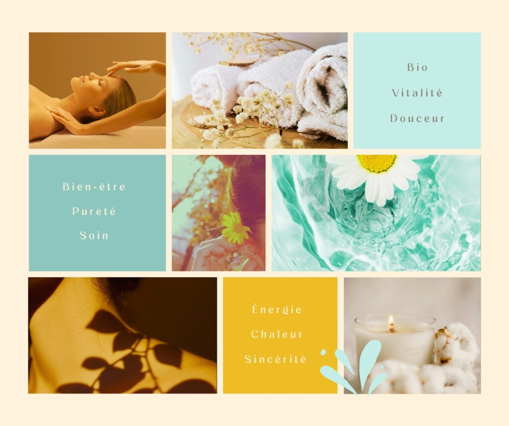 Moodboard d’images et mots-clés d’ambiance pour le ton de marque Callista