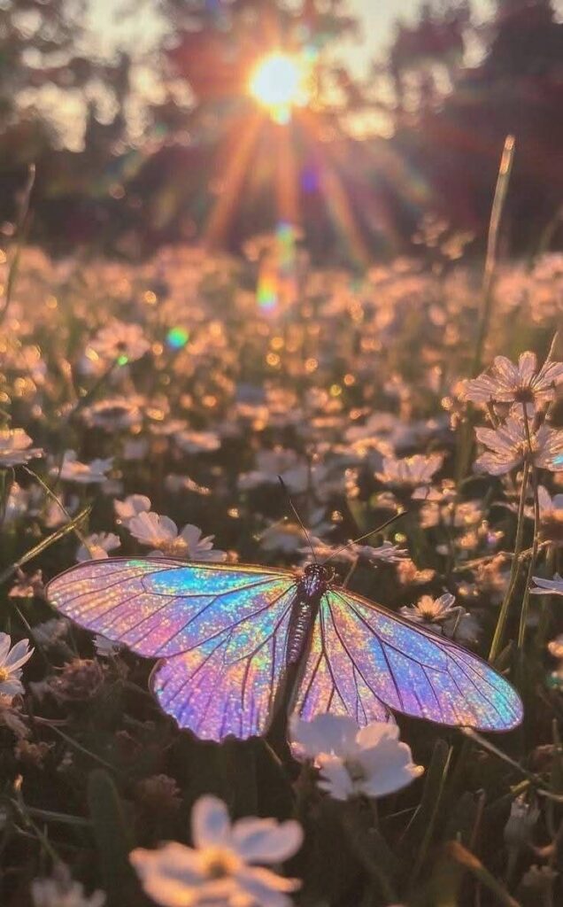 Papillon lumineux dans un champ au soleil, illustrant l’éveil d’une identité visuelle