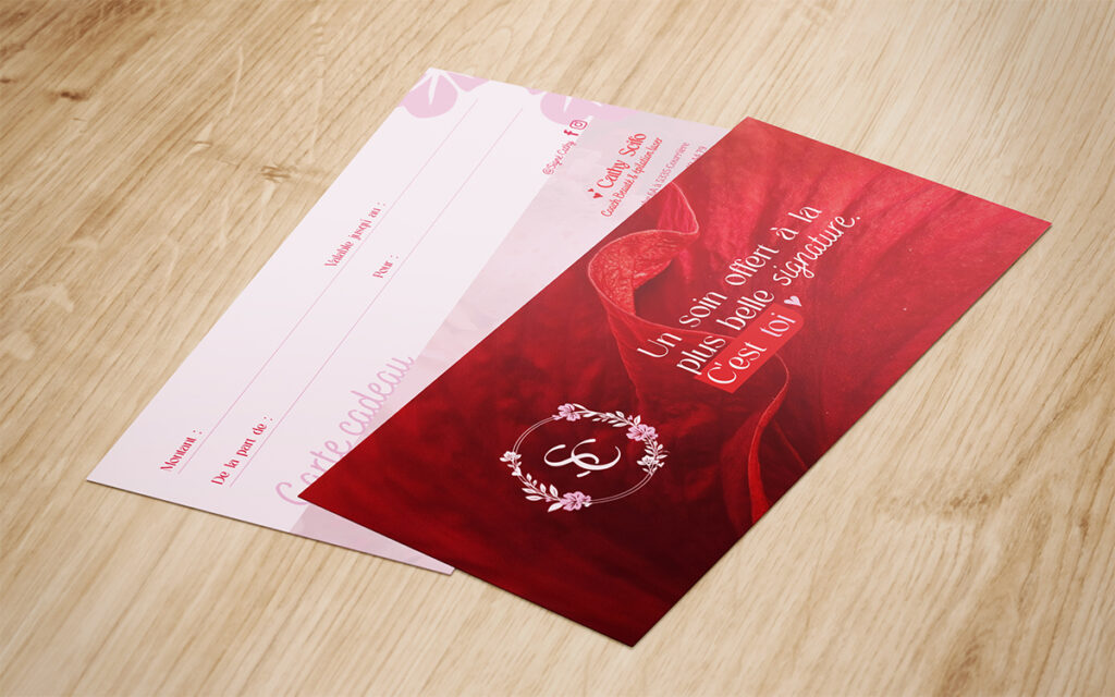Carte cadeau Signé Cathy, support imprimé pour offrir un soin beauté ou une séance d’épilation laser, création graphique par Manon Duchateau, graphiste à Liège