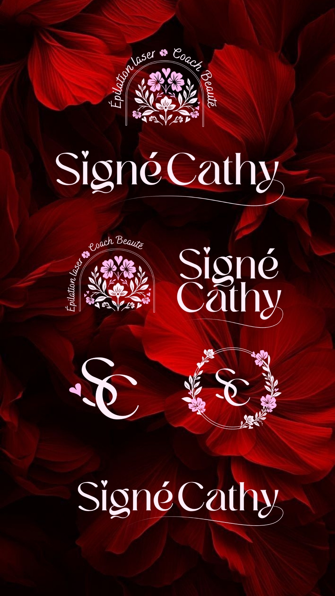 Logos et déclinaisons de l’identité visuelle Signé Cathy, création graphique par Manon Duchateau, graphiste à Liège (Belgique)