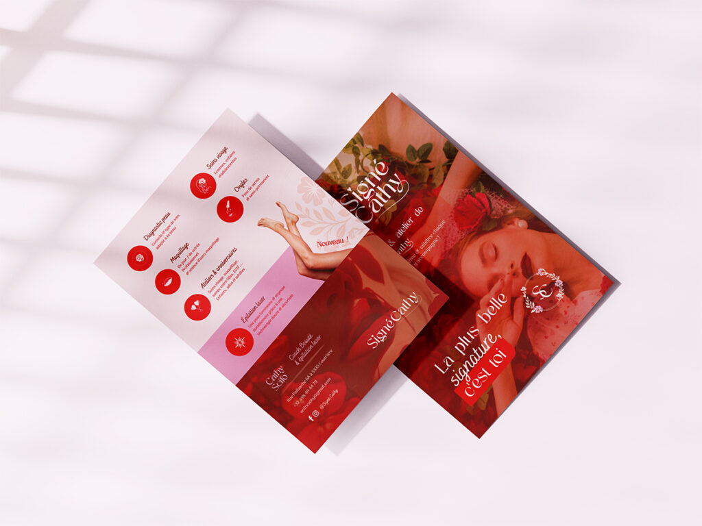 Flyer A5 recto verso présentant les services de Signé Cathy, coach beauté et épilation laser, identité visuelle et mise en page réalisées par Manon Duchateau, graphiste à Liège