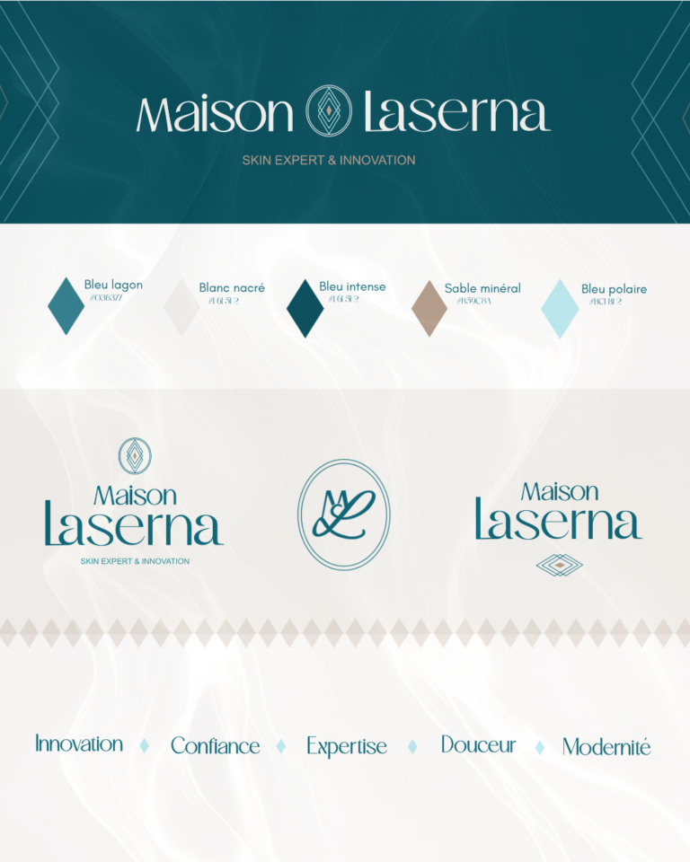 Branding board de Maison Laserna présentant le logo, le monogramme, la palette de couleurs et les valeurs de marque.