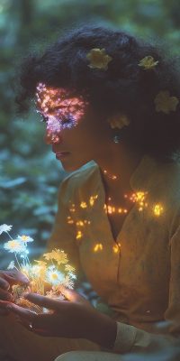 Femme dans une forêt tenant une lumière dans ses mains, illustrant la renaissance d’une identité visuelle existante
